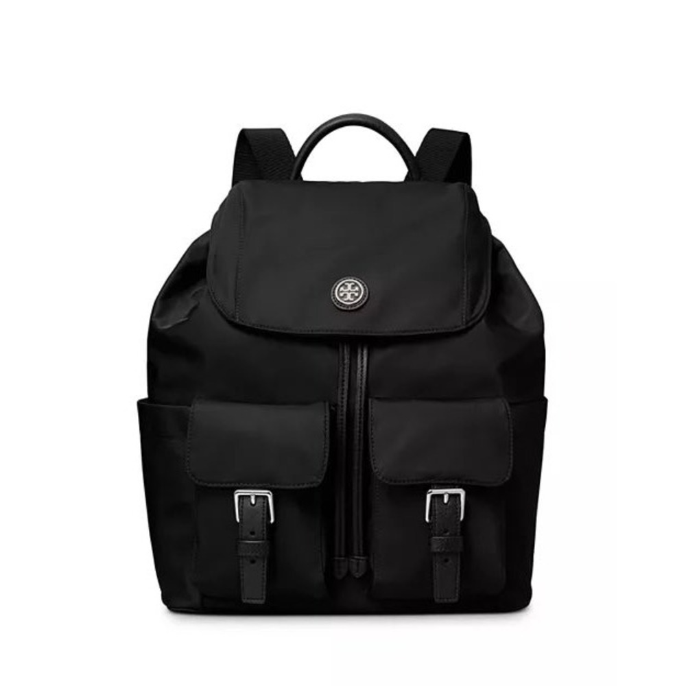 TORY BURCH Virginia Drawstring Flap Backpack Black Nylon Adjustable Designer